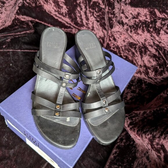 Stuart Weitzman Wedge Heels Black Strappy Silver Accent Slides Comfortable Style - Picture 3 of 16